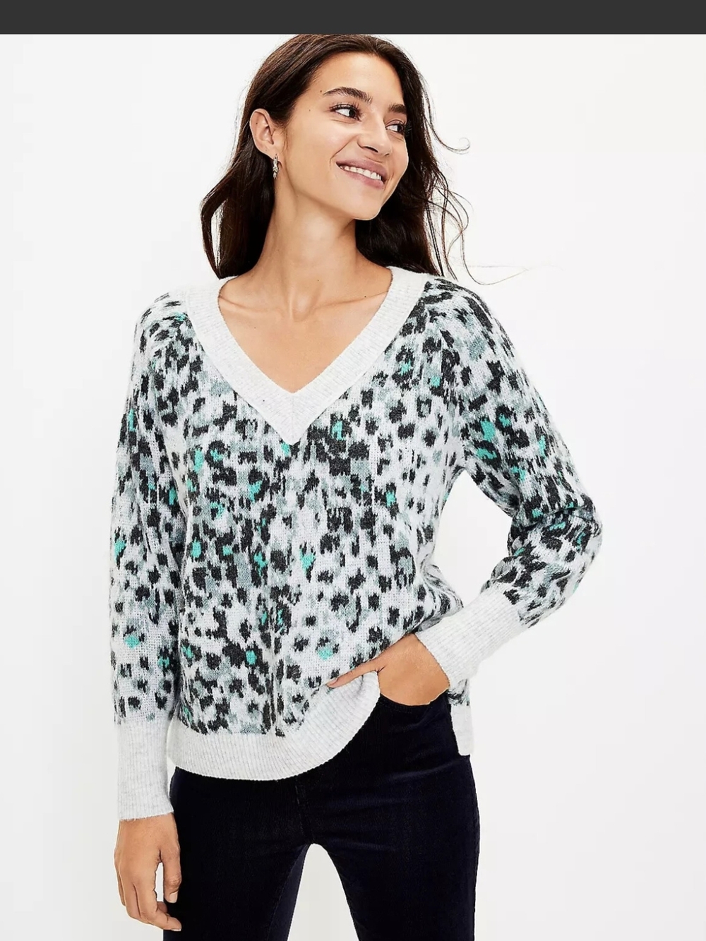 LOFT V-Neck Leopard Print Sweater in Light Gray and Teal Accents